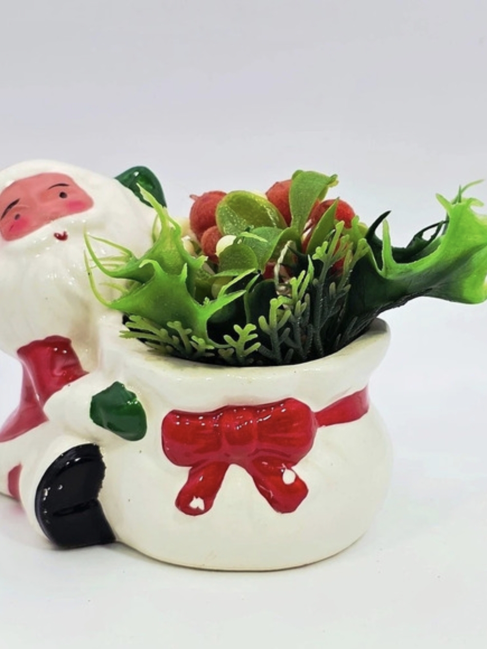 Vintage Ceramic Santa Christmas Planter Faux Holly Mistletoe